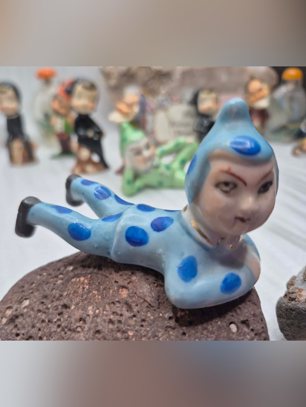 Rare MCM Polkadot Pixie Figurine - Miniature Elf in Blue Polkadots 1950s Japan